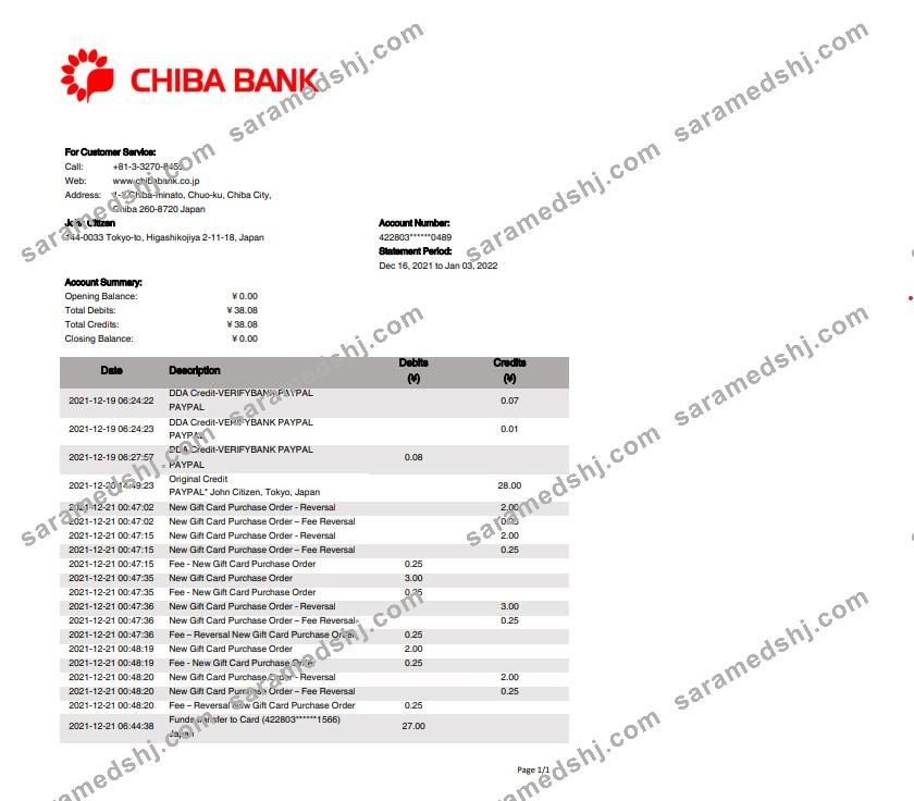 Japan Chiba bank statement template in Word and PDF format